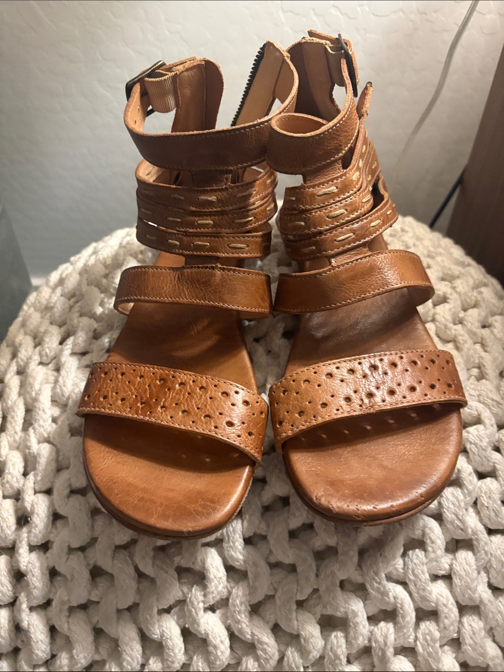Bed Stu Tan Leather Perforated Strappy Sandals